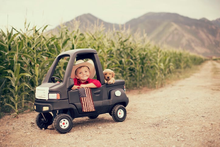 A little boy sits in a toy truck in a field with his dog in the back