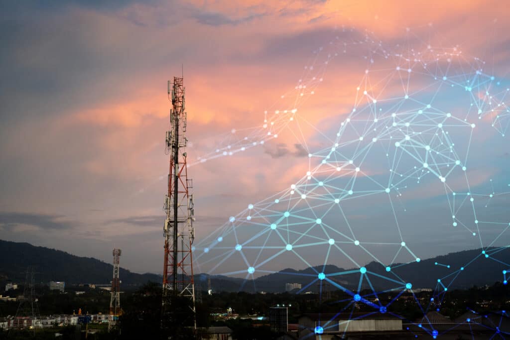 Telecommunication Tower for 2G, 3G, 4G, and 5G network during sunset.