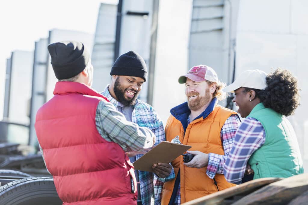 A group of fleet truckers stand in a circle 