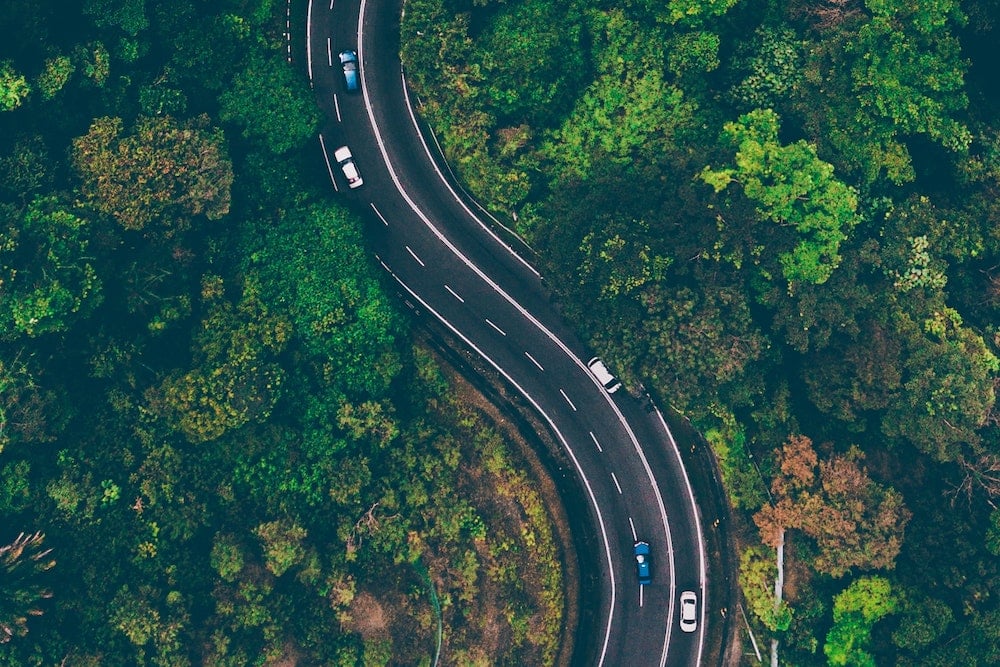 highway in the woods with several cars