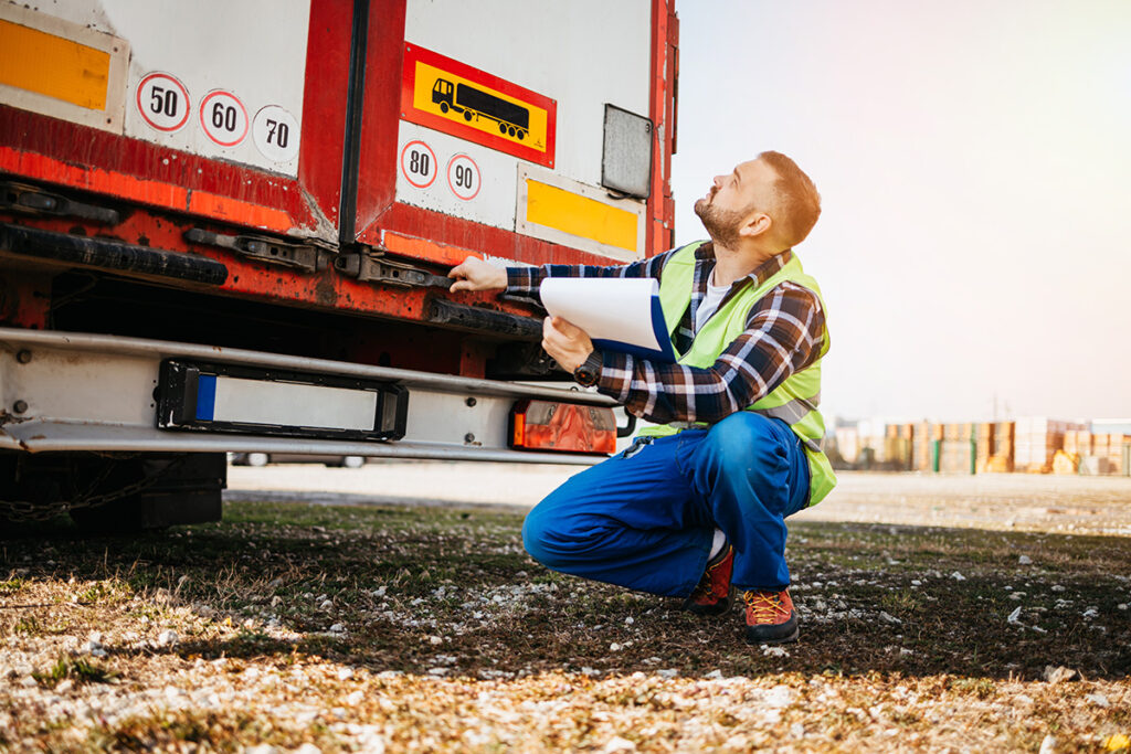 Trucking performing a pre-trip inspection of the trailer doors.