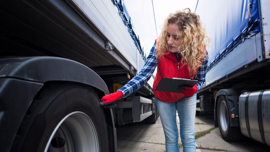 Driver checking tire pressure during a vehicle inspection.