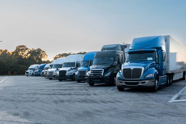 Row of trucks awaiting vehicle inspection.