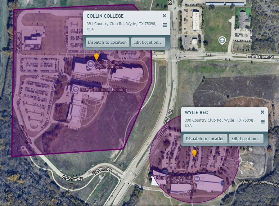 Multiple geofences displayed on a map.