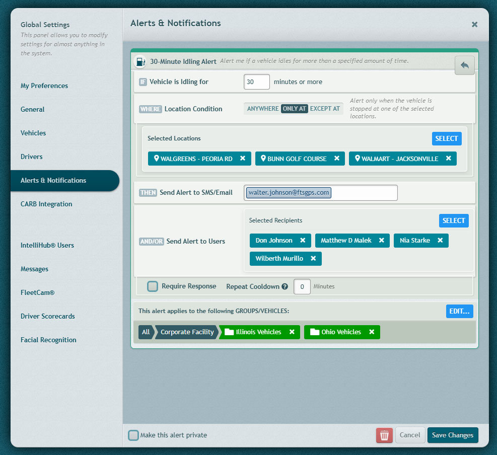 IntelliHub crea un diálogo de alertas de ubicación.