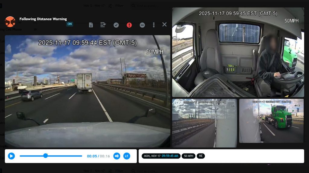 FleetCam event video with multi-channel views including road, driver, and sides.
