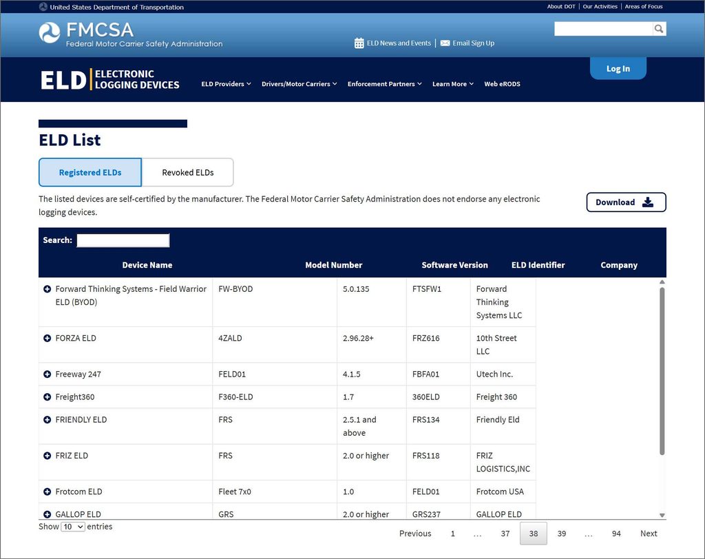 FMCSA self-certified ELD list.