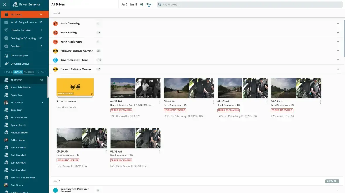 Driver events in one list