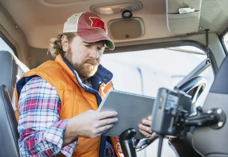 Driver working through a coaching module on a tablet in the truck cab