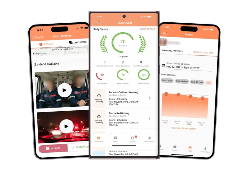 DriveShield app screens: event video, daily score, and driver profile
