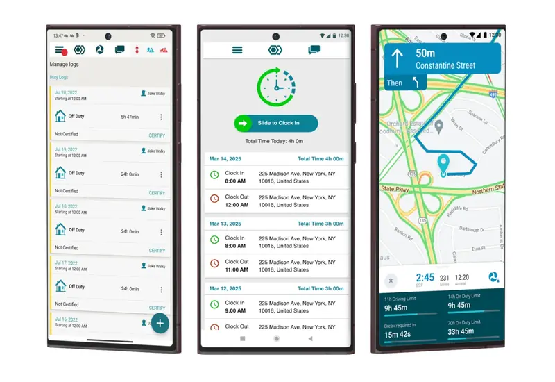 Field Warrior app on three phones: duty logs, clock in, and navigation