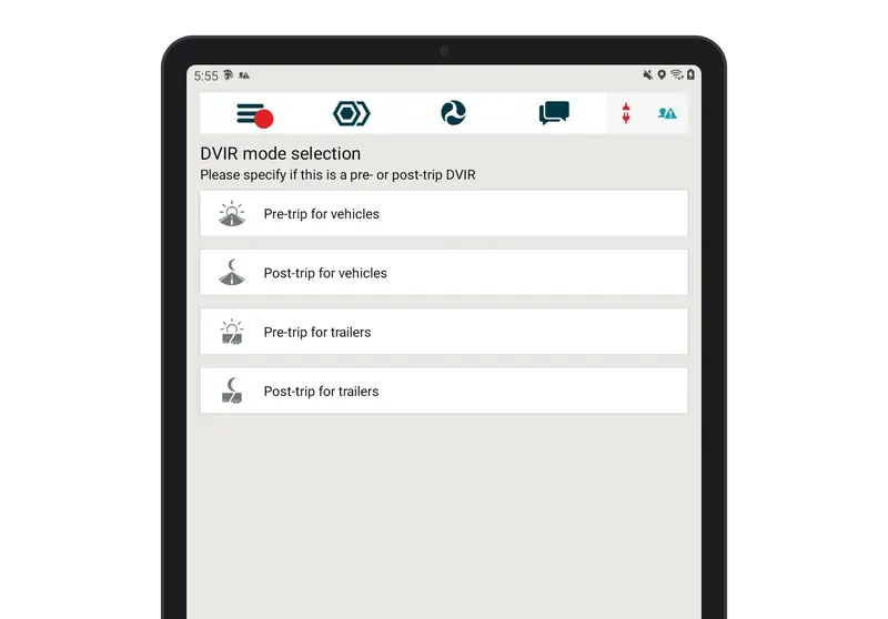 Field Warrior DVIR mode selection on a tablet: pre- and post-trip for vehicles and trailers