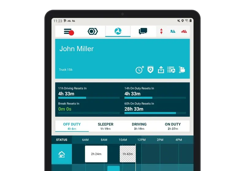 Field Warrior ELD on a tablet: John Miller, Truck 156, with HOS reset clocks