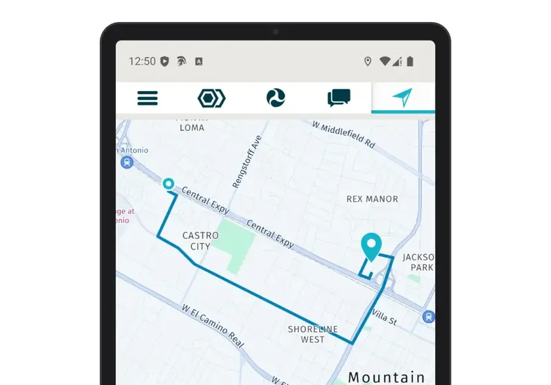 Field Warrior commercial navigation on a tablet: route preview on a street map