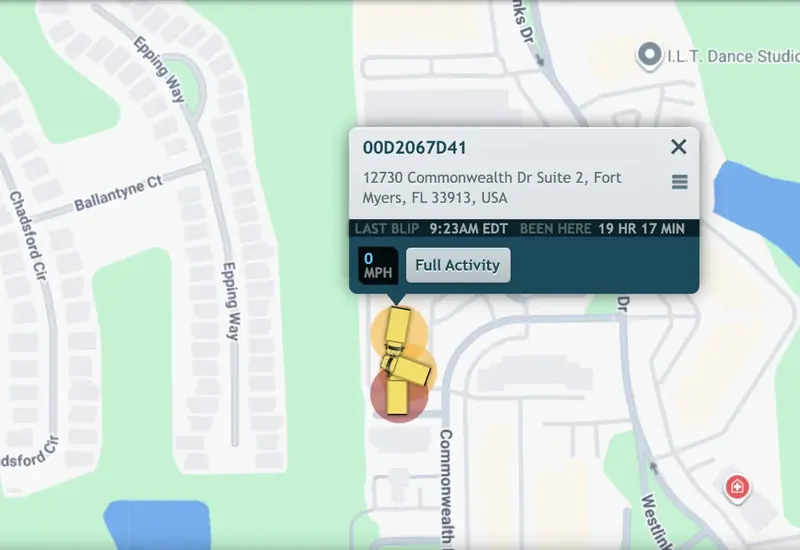 IntelliHub map showing a tracked asset with its last reported location
