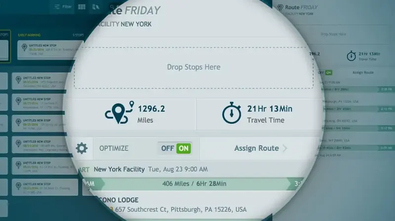 Route Matrix route summary with the Optimize toggle on: 1296.2 miles, 21 hours 13 minutes travel time