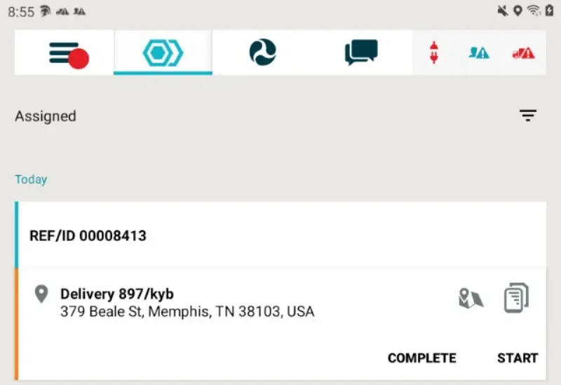 Field Warrior showing assigned delivery stops with Start, Enroute, and Complete actions